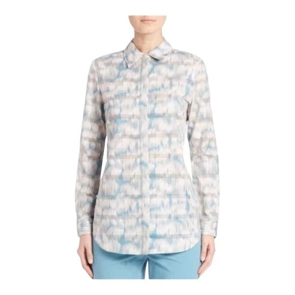 Lafayette 148 Brody Printed Cotton Blouse - Blue Steel - Picture 7 of 7